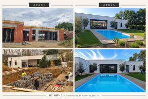 Photo de galerie - Construction complète d’une maison contemporaine à toit plat, du gros œuvre aux finitions, avec réalisation de la piscine, du pool house et des aménagements extérieurs.