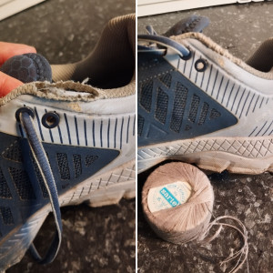 Photo de galerie - L'Avant et l'après 
réparation d'une chaussure de running abîmée. Repriser à la main, avec du coton à repriser triple fils.