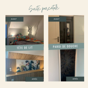 Photo de galerie - Décoration tête de lit en tasseau de bois et papier peint panoramique