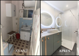 Photo de galerie - Rénovation entière d'une salle de douche.
Électricité, plomberie, reprise de mur, carrelage sol et faïence, installation mobilier, vasque, mitigeur, paroi de douche...