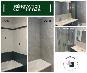 Photo de galerie - Rénovation salle de bain : changement du revêtement mural, pose d'une nouvelle cabine de douche, installation et raccordement des nouvelles vasques et d'un sèche serviette électrique.