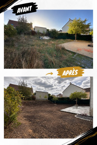 Photo de galerie - Remise en état complète d’un jardin : débroussaillage, taille des arbres et arbustes, nettoyage du terrain, préparation du sol et semis de gazon.