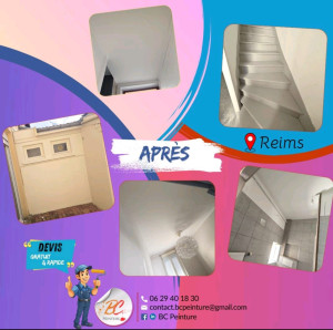 Photo de galerie - Plusieurs pièces de la maison avaient subi des dégâts des eaux :
- La rénovation : gratter correctement l'ensemble des parties abimées, d'enduire et de poncer pour un rendu lisse
- On finit par la peinture, le blanc pour illuminer 
+ la dépendance à l'ext