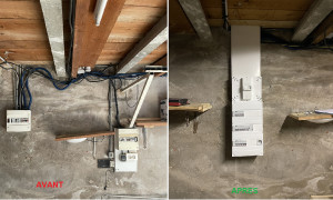 Photo de galerie - Mise aux normes d'un tableau de distribution électrique . Remplacement de 2 tableaux électriques vetustes et dangereux par un seul tableau modulaire avec coupure génerale et protection différencielle. 