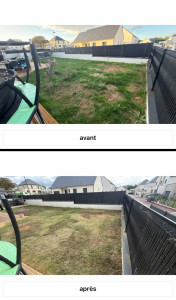 Photo de galerie - Remise en état de la pelouse : nettoyage complet du terrain, scarification du sol et regarnissage avec un nouveau semis de gazon.