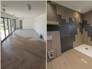 Photo de galerie - Réalisation de sol et faïence avec incrustation de grand format avec imitation parquet