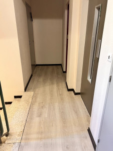 Photo de galerie - Pose d'un parquet flottant en remplacement d'une moquette sur le palier d'un immeuble.