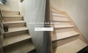 Photo de galerie - FABRICATION SUR MESURE D'UN STYLOBATE SUR ESCALIER ANCIEN :
• Fabrication d'un gabarit sur mesure
• Report et découpe sur contreplaqué peuplier
• Pose et retouche mastic bois
• Ponçage 