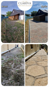 Photo de galerie - Désherbage et ilimination des végétaux puis nettoyage haute pression des dalles et pavés.
Nettoyage Pont de l'Arche, eure. 