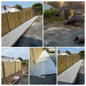Photo de galerie - Arrachage d’une haie vieillissante et mise en place d’une palissade en bois . terrassement et mise en place d’un paillage minéral 