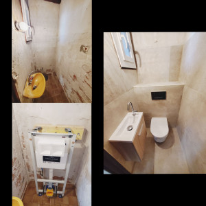 Photo de galerie - Rénovation complète d'un WC 
avec la pose du carrelage, du WC suspendu et d'un petit lave main