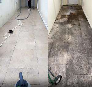 Photo de galerie - Traitement de la dalle , la dalle a été entièrement nettoyer et traitée afin d’éliminer les salissures, mousses et traces d’encrassement de pollution. un nettoyage en profondeur a été réalisé pour redonner à la surface son aspect propre et sain.