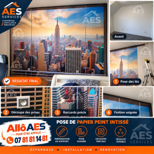 Photo de galerie - Pose de papier peint panoramique intissé – Décoration murale New York
Transformation d'une chambre avec la pose d'un papier peint panoramique représentant Manhattan et l'Empire State Building.