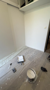 Photo de galerie - Réalisation d’une peinture blanche sur une cloison, avec protection du sol pour travailler proprement et éviter les salissures.   Travail soigné  Protection des surfaces  Finitions propres et professionnelles
