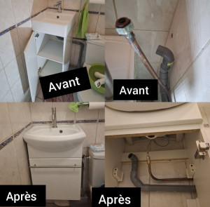 Photo de galerie - Dépose de l’ancien lave-mains et pose d’un nouveau kit complet (vasque et robinetterie), avec modification de la tuyauterie existante