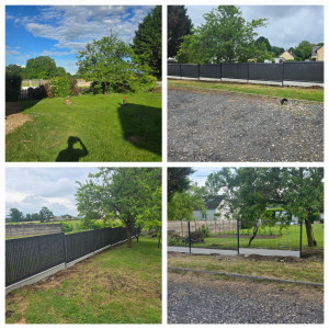 Photo de galerie - Pose clôture rigide avec soubassement sur pente douce + brise vue ( en remplacement d'une haie)
