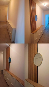 Photo de galerie - Pose meuble chaussures IKEA + panneaux à lame MDF+ miroir.