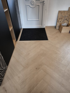 Photo de galerie -  pose de parquet en bâton rompu et création d'un tapis d'entrée 