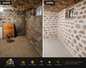 Photo de galerie - Rénovation complète d’une pièce en pierre : nettoyage et préparation des murs, reprise des joints et enduits, traitement des surfaces, rénovation du sol et réalisation des finitions pour obtenir un espace propre, sain et soigné.