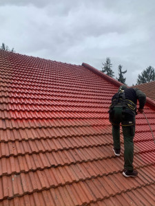 Photo de galerie - Application d’une résine d’étanchéité fibres coloré pour une imperméabilité de la toiture travaux garanti 10 ans