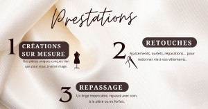 Photo de galerie - 3 prestations : 
- Création sur mesure
- Retouches
- Repassage