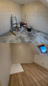 Photo de galerie - Pose de carrelage imitation parquet/receveur de douche/faïence