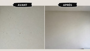 Photo de galerie - Rénovation murale : traitement des fissures, lissage complet et peinture pour un rendu uniforme et comme neuf 