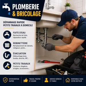 Photo de galerie - Plomberie & bricolage – Dépannage rapide
Fuite d’eau, remplacement robinet, débouchage, petits travaux, fixations et entretien.