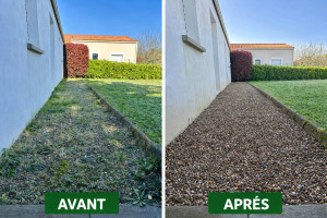 Photo de galerie - Rénovation complète d’allée : décaissement, pose de géotextile pour éviter les mauvaises herbes et finition gravier propre et durable