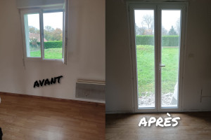 Photo de galerie - Dépose fenêtre et pose d'une porte fenêtre en rénovation. Coupe du mur et reprise du crépi extérieur.
