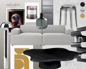 Photo de galerie - Proposition d’ambiance pour un salon contemporain : association de chrome, bois naturel et matières texturées pour un intérieur élégant et équilibré.