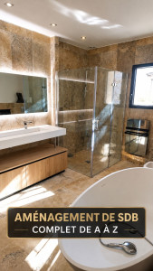 Photo de galerie - Pose de salle de bains complète (meubles, miroir, douche...).