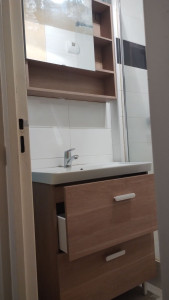 Photo de galerie - Mise en place nouveau meuble vasque + vasque robinetterie et raccordement alim et evac. 
mise en place d'un meuble haut avec miroir et lumière.