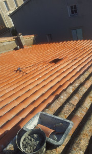 Photo de galerie - Réalisation, Réfection d'une toiture à Salle d'Aude. Dépose de couverture ancienne, rénovation en tuiles canal bâties au mortier de chaux, réfection des tuiles faitières, étanchéité solin et mur mitoyen, nettoyage.