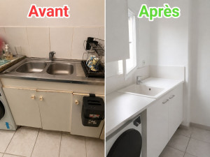 Photo de galerie - Montage meuble cuisine, découpe plan de travail, modification+ raccordement évier, préparation + peinture murs et plafond