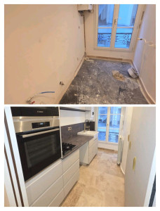 Photo de galerie - Rénovation et aménagement complet de cuisine. 
Prestation : montage de meubles en kit, installation électroménager, pose plan de travail et finitions. 
Résultat : cuisine moderne, fonctionnelle et prête à l’emploi.