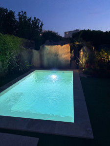 Photo de galerie - Création de faux rochers béton avec cascade, installation de la piscine et raccordement électrique 