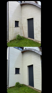 Photo de galerie - Nettoyage complet de bardage et façade : remise en état efficace face aux dépôts verts et salissures du temps. Méthode douce et adaptée pour ne pas endommager les matériaux. N'hésitez pas à me contacter pour un devis gratuit !