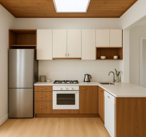 Photo de galerie - Cuisine tout équipée avec des façades blanches et stratifié en bois 