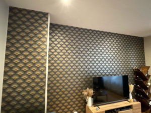 Photo de galerie - Dépose de tapisserie, enduit de débouchage et pose d’une nouvelle tapisserie. peinture plafond et murs adjacents