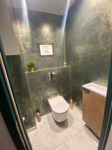 Photo de galerie - Toilettes suspendu avec pose lave main et peinture a effet 