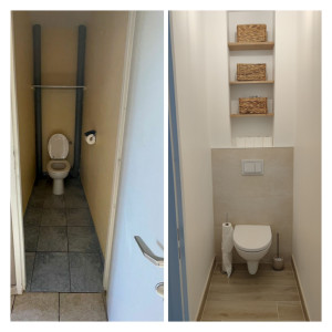 Photo de galerie - Avant / après pour la réfection d'un WC au sol par un suspendue, placo, carrelage, faience, étagère en bois avec fixation invisible 