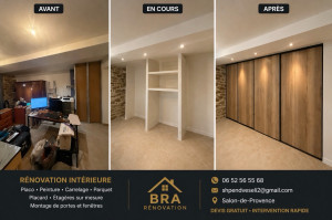 Photo de galerie - Rénovation intérieure et aménagement placard sur mesure à Salon-de-Provence. Création structure placo, étagères intégrées, finitions complètes et pose de portes coulissantes. Résultat moderne et soigné.”
