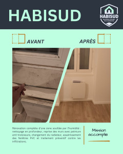 Photo de galerie - Rénovation complète d’une zone souillée par l’humidité : nettoyage en profondeur, reprise des murs avec peinture anti-moisissure, changement du radiateur, assainissement des fenêtres PVC et traitement préventif contre les infiltrations.