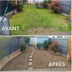 Photo de galerie - Rénovation complète d'un petit jardin, bordure écolate, pas japonais et bientôt un beau gazon !