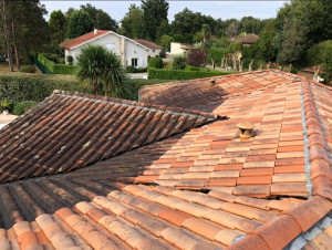 Photo de galerie - Nettoyage toiture. Planche de rives… et remplacement de tuiles cassées. Protection des alentours terrasse et piscine. 