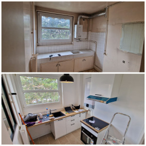 Photo de galerie - Avant et après 
mise en valeur d'une cuisine. 
rénovation pour un marchand de bien.|