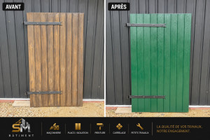 Photo de galerie - Rénovation de volets en bois : un avant/après spectaculaire avec une finition verte propre et moderne. 