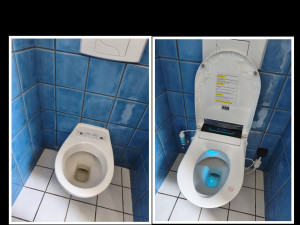 Photo de galerie - Installation d'une lunette de toilettes type Japonaise Création d'une alimentation eau, en sortie de cloison bâti support, avec robinet d'angle schell Création d'une sortie de câble encastrée étanche IP55 pour alimentation, sur repiquage circuit prise SdB