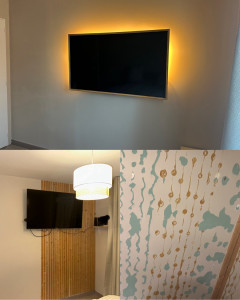 Photo de galerie - Remise a propre du mur «  enduit, ponçage, peinture » création d’une ambiance cocooning encadrement TV bandeau luminaire autour de la Tv et fixation à niveau pour un confort de visionnage 